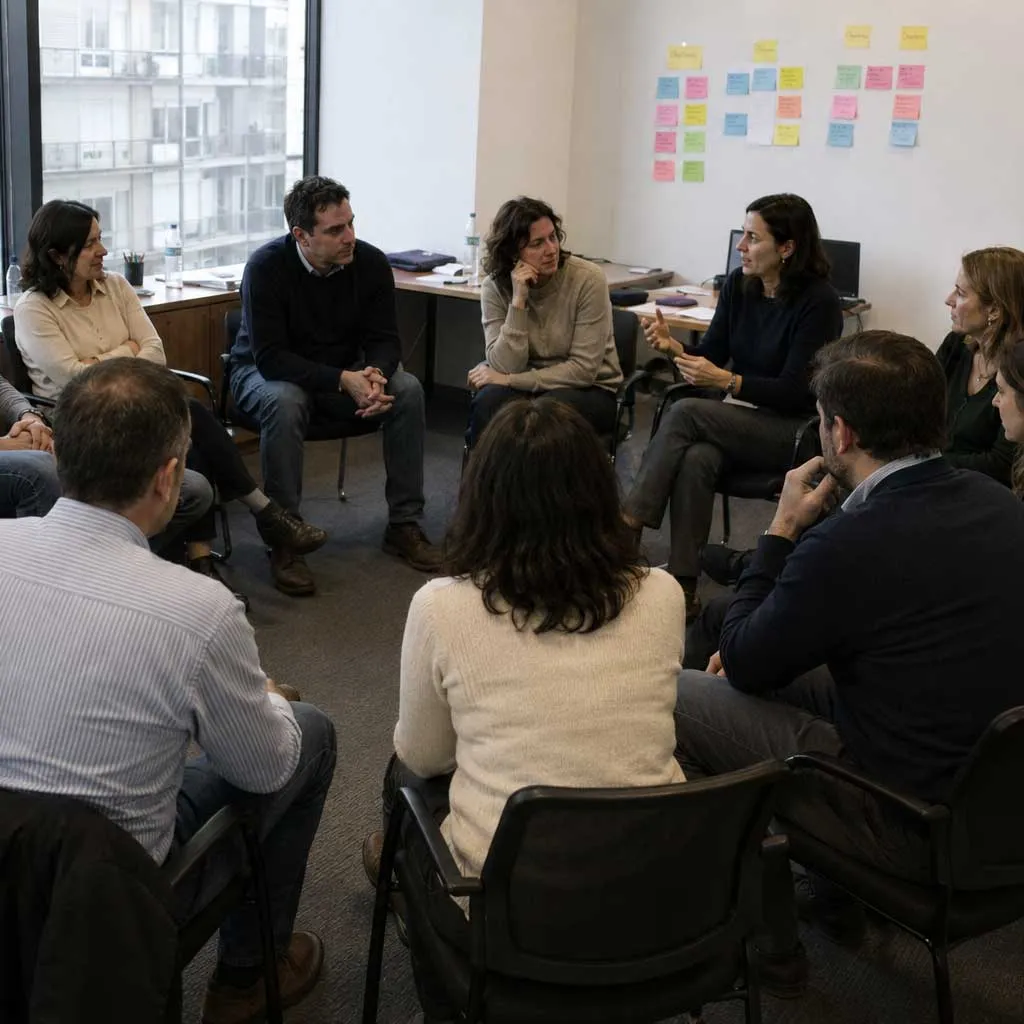 Equipo conversando en círculo durante una sesión de trabajo.