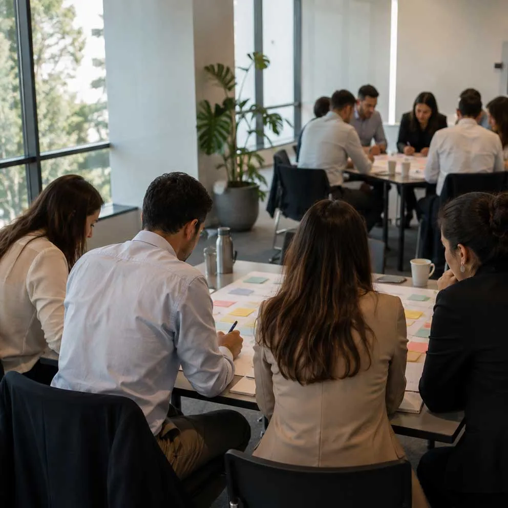 Personas trabajando juntas alrededor de varias mesas.
